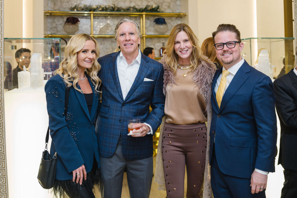 Emma Boulle, Bill Schneidau, Emily Clay, Robert Jaros at the de Boulle holiday party in River Oaks District (Photo by Johnny Than)