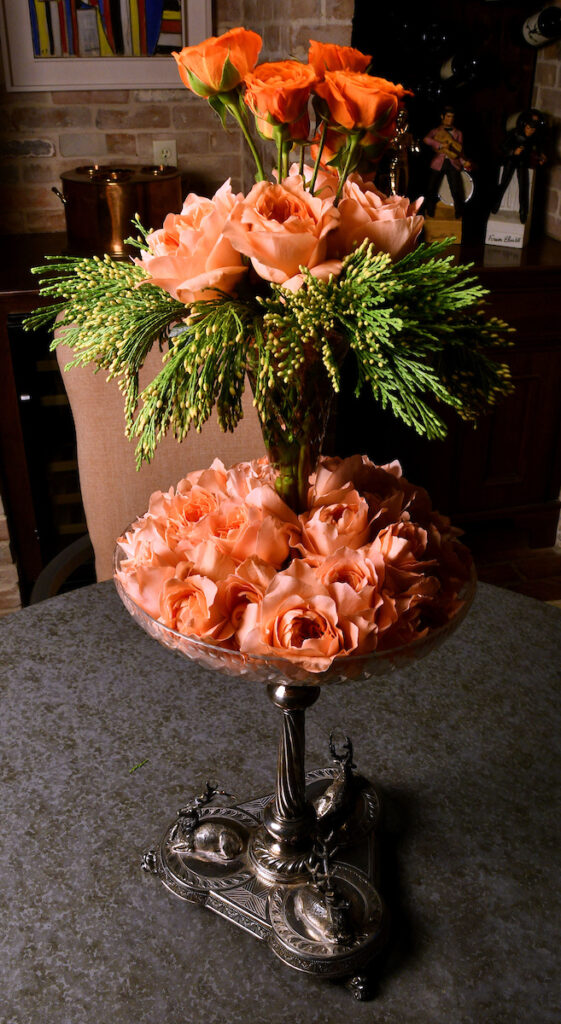 Detail of roses and greenery in an antique épergne at the Kappa Kappa Gamma Charitable Foundation home tour preview party  (Photo by Dave Rossman)