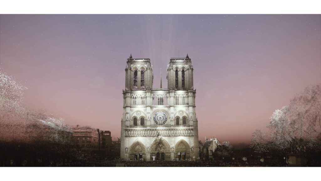 Still image of digital rendering of Notre-Dame Cathedral, Ars Electronica. Image courtesy MFAH.