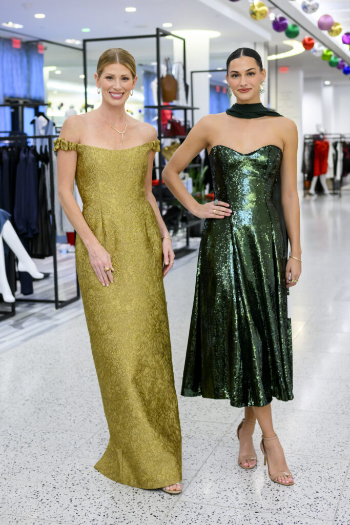 Yolanda Gold Brocade Column Gown, Veronica Emerald Paillette Strapless Midi Dress.
