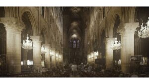 Still image of digital rendering of Notre-Dame Cathedral interior, Ars Electronica. Image courtesy MFAH.