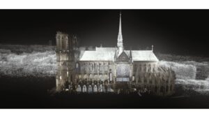 Still image of digital rendering of Notre-Dame Cathedral, Ars Electronica. Image courtesy MFAH.