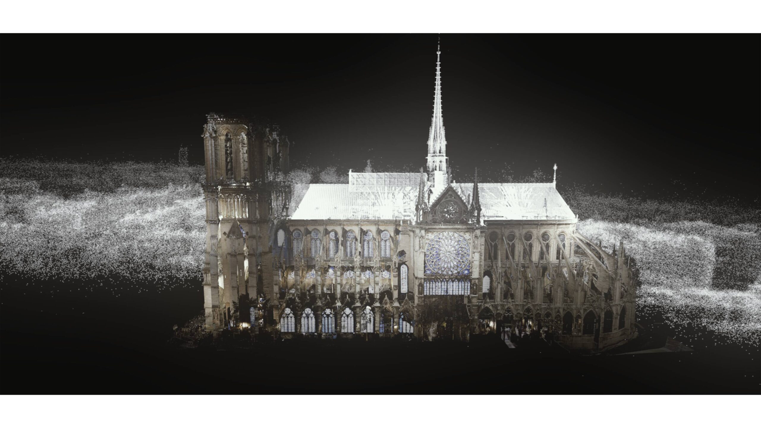 Still image of digital rendering of Notre-Dame Cathedral, Ars Electronica. Image courtesy MFAH.