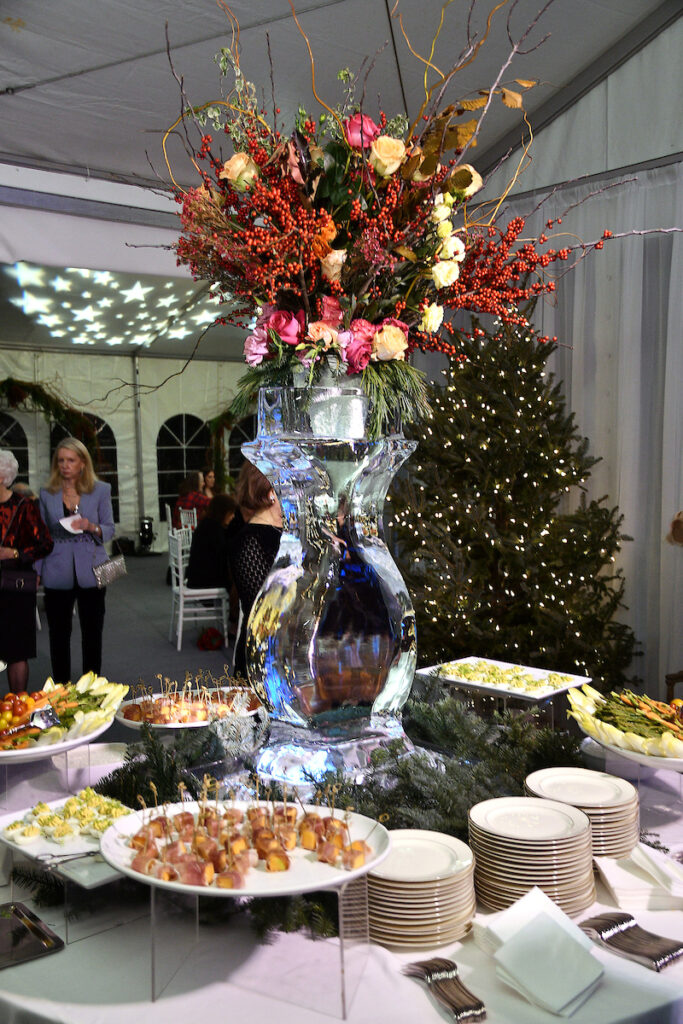 Decor with an ice sculpture in the party tent at the Kappa Kappa Gamma Charitable Foundation home tour preview party (Photo by Dave Rossman)