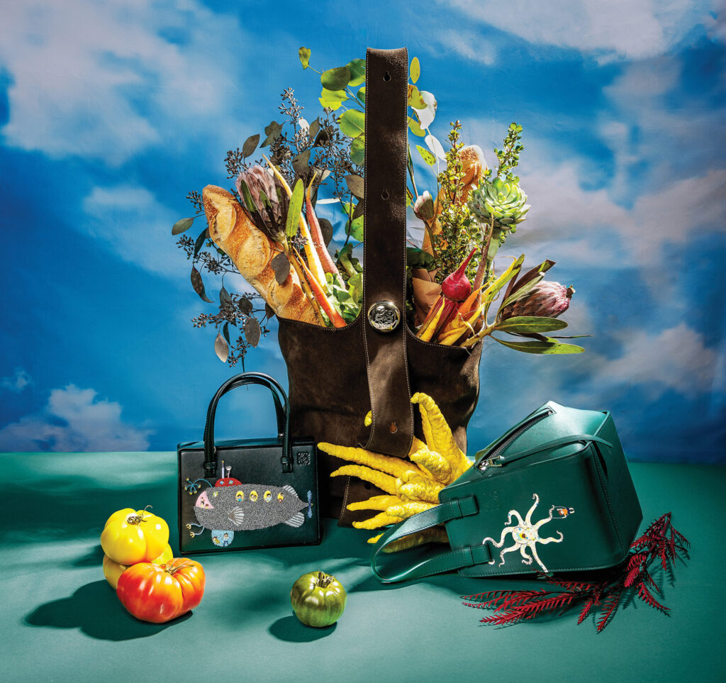 Loewe Submarine small postal bag $4,600, Pebble bucket bag in suede calfskin $2,990, and Octopus hammock bag $3,350, at Loewe Highland Park Village, Neiman Marcus, farfetch.com, net-a-porter.com. (Photo by Tony Solis)