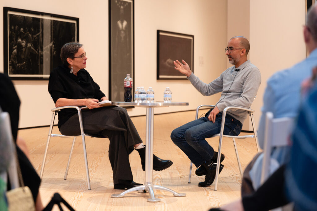 Writer Mimi Swartz, an executive editor for Texas Monthly, leads a conversation with artist Vincent Valdez for "Vincent Valdez: Just a Dream…" at Contemporary Arts Museum Houston, 2024. (Photo courtesy Contemporary Arts Museum Houston)