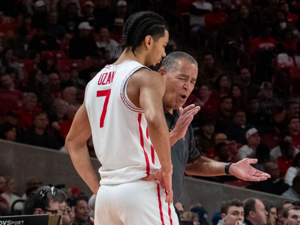 University of Houston new starting point guard Milos Uzan is getting pushed by Kelvin Sampson, who demands more. (Photo by F. Carter Smith)