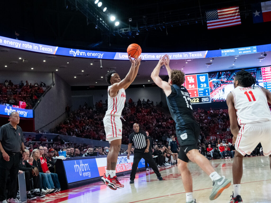 University of Houston shooting guard LJ Cryer with open space to get a shot off is a frightening sight for a defense. (Photo by F. Carter Smith)