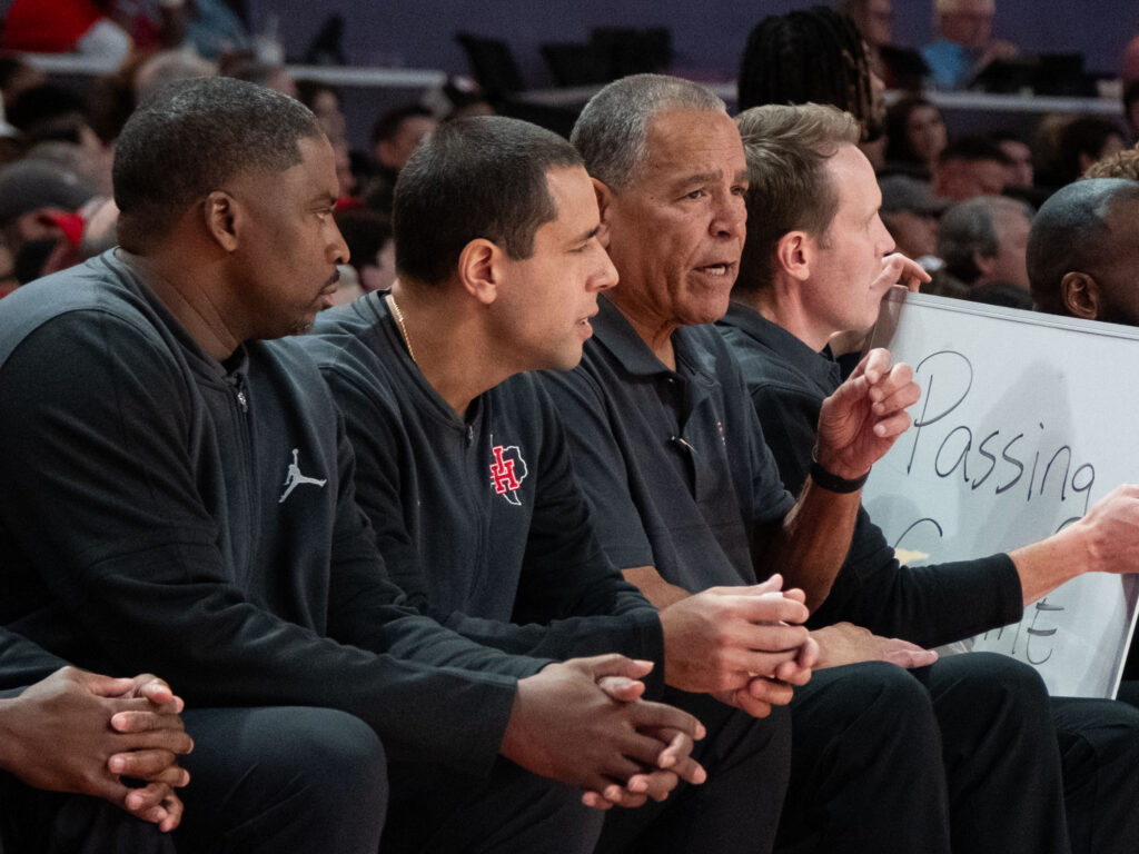 University of Houston's coaching staff with Quannas White, Kellen Sampson, Kelvin Sampson and K.C. Beard is one of the best in America. (Photo by F. Carter Smith)