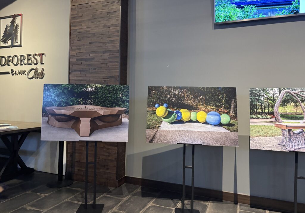 Two of the newest art benches, "Brow Ridge" and "Critter Creature," were revealed at Woodforest Bank Club on December 3.