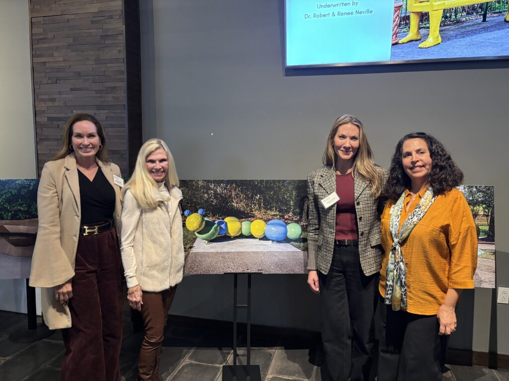 Woodlands Arts Council bench reveal Cindy Heiser Ann Snyder Haley Garcia Jenny Carattini-Wright