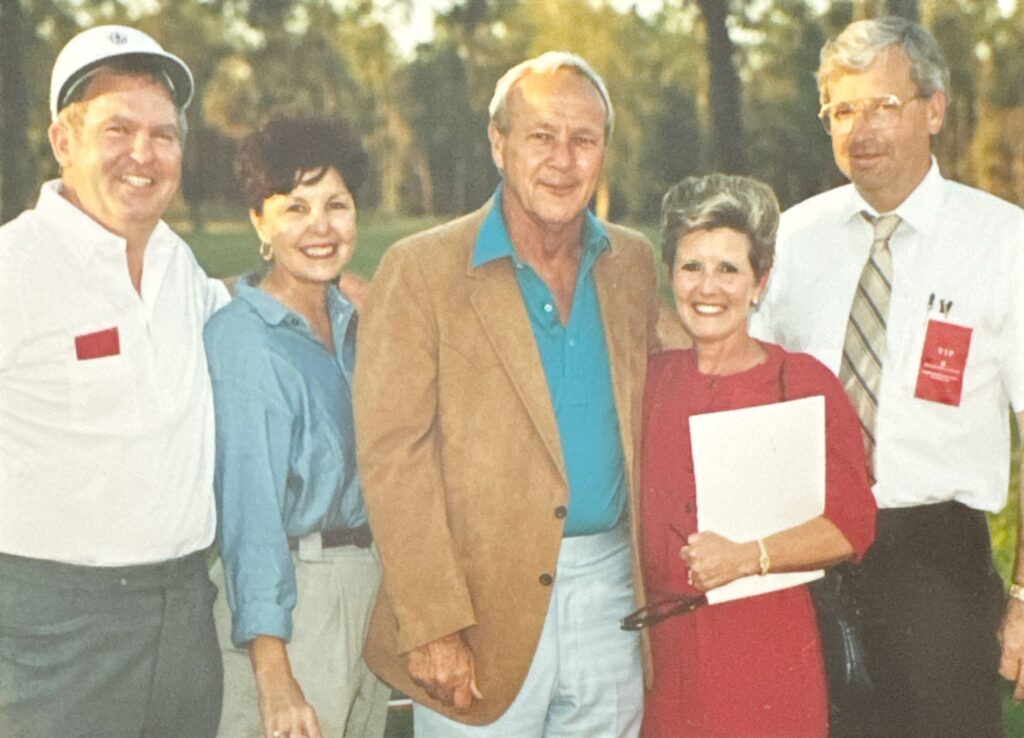 Arnold Palmer (center) came to The Woodlands before many of its roads were even paved thanks to golf and a push George Mitchell entrusted to Earl Higgins (far right). (Courtesy Earl Higgins)