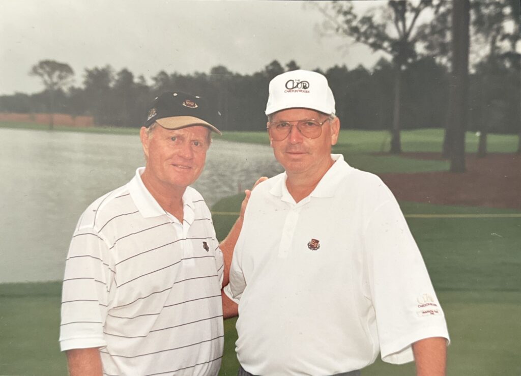 Jack Nicklaus and Earl Higgins share a moment. Higgins served as the project manager for Jack Nicklaus’ first golf course in The Woodlands. (Courtesy Earl Higgins)