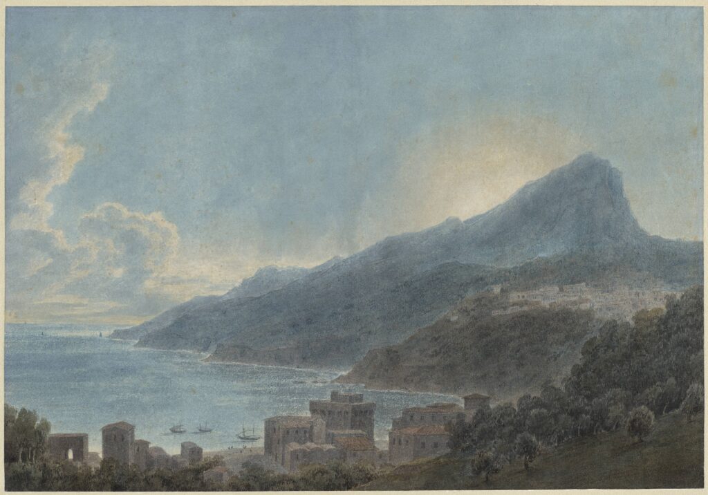 John Robert Cozens, “View of Vietri and Raito, Italy,” c. 1783, watercolor over graphite on cream laid paper, the Museum of Fine Arts, Houston, the Stuart Collection, museum purchase funded by Francita Stuart Koelsch Ulmer in honor of Dena M. Woodall and Skip Fowler. (Image courtesy MFAH.)