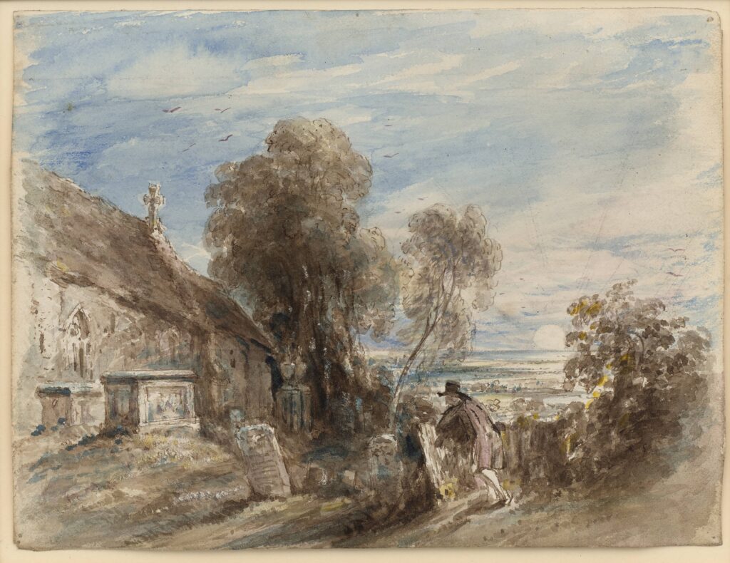 John Constable, “Illustration to Stanza V of Gray’s Elegy, ‘The breezy call of incense-breathing Morn/The swallow twitt’ring from the straw-built shed,” 1833, graphite and watercolor with scratching-out on wove paper, The Museum of Fine Arts, Houston, The Stuart Collection, museum purchase funded by Francita Stuart Koelsch Ulmer in memory of Pauline Ella Smith and in honor of Mollie Harlow Zumwalt. (Image courtesy MFAH.)