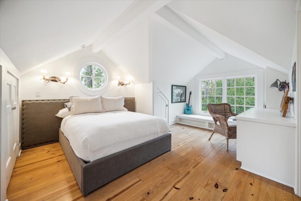 Vaulted ceiling in this bedroom at 8899 Sandringham in Houston's Bayou Woods subdivision (Photo by TK Images/Compass)