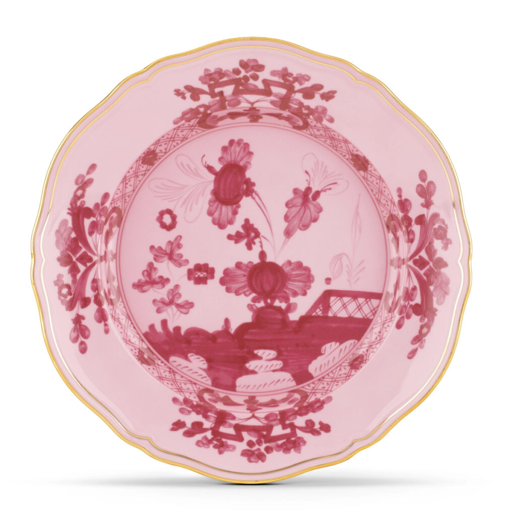 There is a reason that Ginori 1735's "Oriente Italiano" remains perpetually popular. The dinner plate in "Porpora" ($174), which features two shades of pink, perfectly suits the holiday. (Photo courtesy of Ginori 1735)