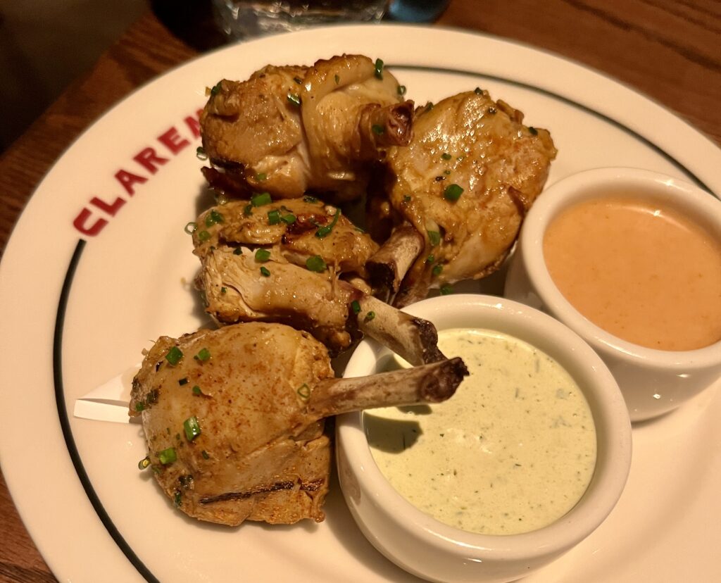 Claremont offers several appetizers to get your meal started including grilled chicken drums with dipping sauces. (Photo by Megan Ziots)