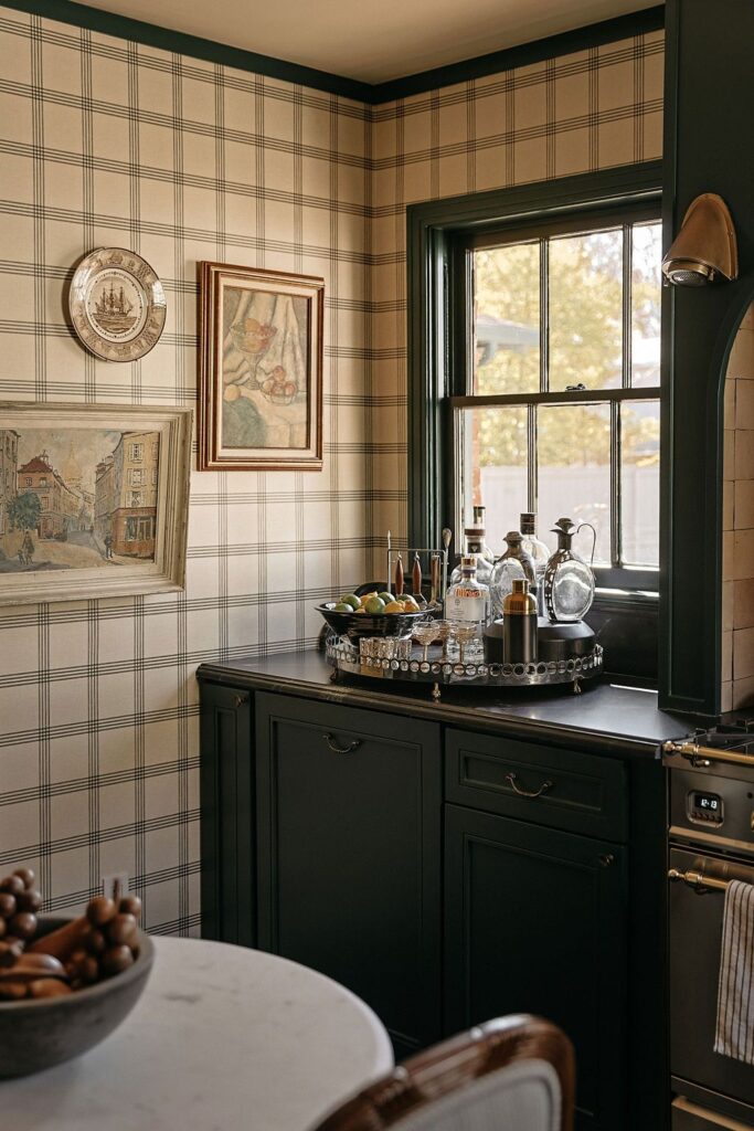 Designer wallpaper in kitchen, designed by Burkle Creative. (Photo by Beckley)
