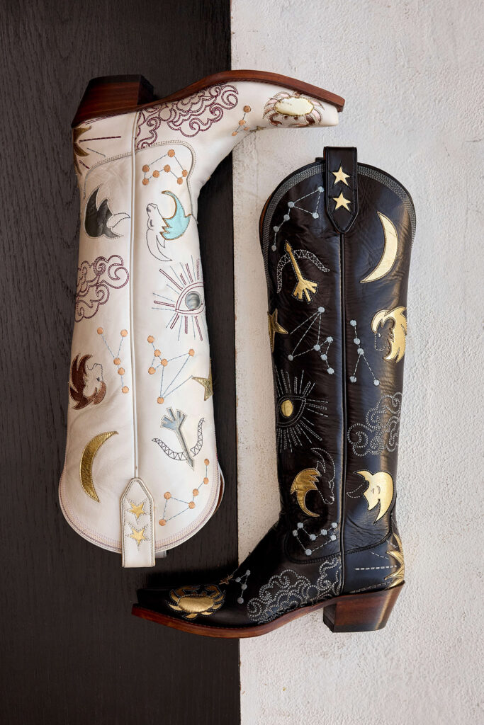 Beloved Dallas-based bootmaker Miron Crosby just debuted their new Celeste boot ($2,795), adorned with stitched astrological signs. Available in pearlized crème and black, the boot, whose ear pulls can be customized with the wearer's sign. (Photo courtesy of Miron Crosby)