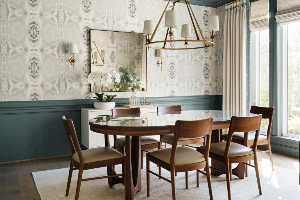 The dining room got a new grasscloth wallpaper and trim paint, along with stunning new light fixtures from Visual Comfort.