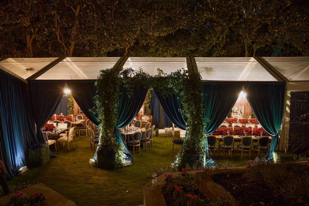 The elaborate party tent with hints of a Ralph Lauren ambience.