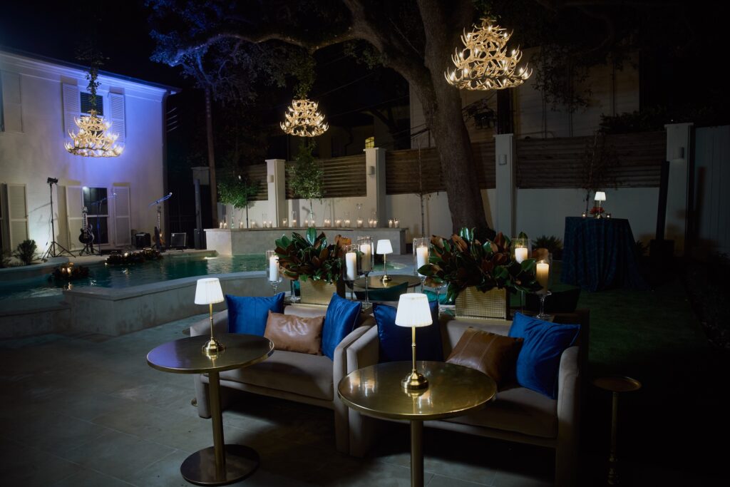 The pool garden is transformed into an al fresco salon.