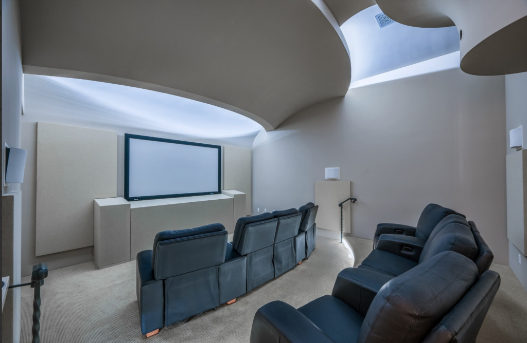The very modern home theater at 119 Carnarvon (Photo by Patrick Bertolino for Martha Turner Sotheby's International Realty)
