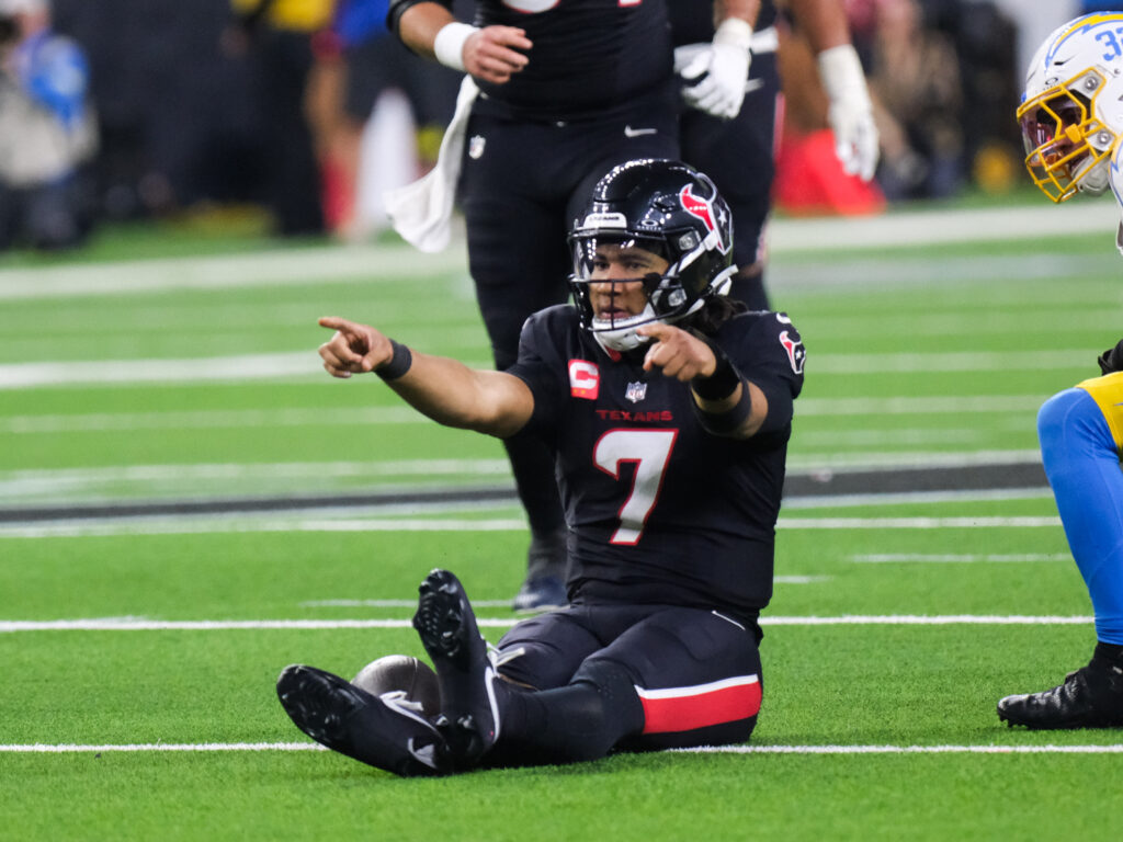 Houston Texans quarterback C.J. Stroud  was pumped after he picked up a key first down with his legs. (Photo by F. Carter Smith)
