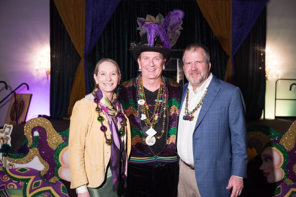 Karen Odegard, Frank Billingsley, Mike Odegard at Camp for All's  Mardi Gras themed Krewe de Camp gala  (Photo by Daniel Ortiz)