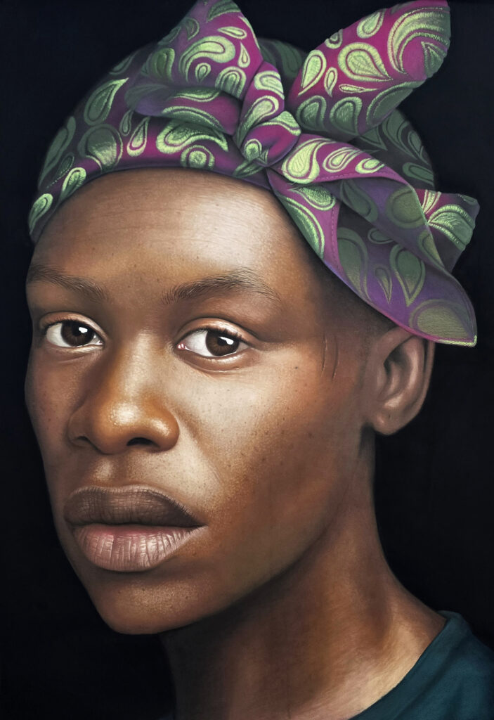Babajide Olatunji's "Young Man with Purple/Green Scarf," 2024, at TAFETA