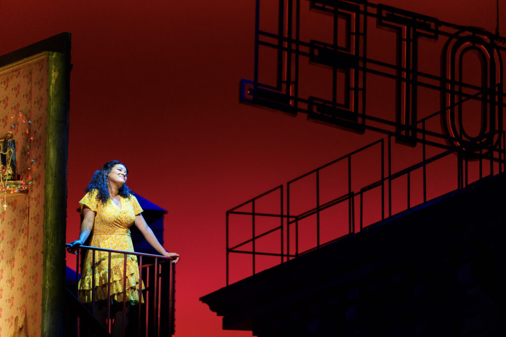 Shereen Pimentel as Maria singing at the final dress rehearsal of West Side Story presented by the Houston Grand Opera. (Photo by Michael Bishop)