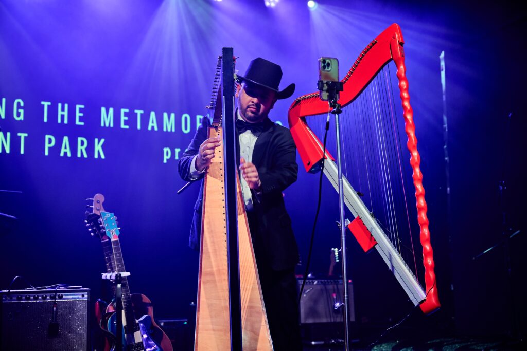 Harpist Alex Martinez entertained on two harps at the Discovery Green Gala. (Photo by Fulton Davenport)