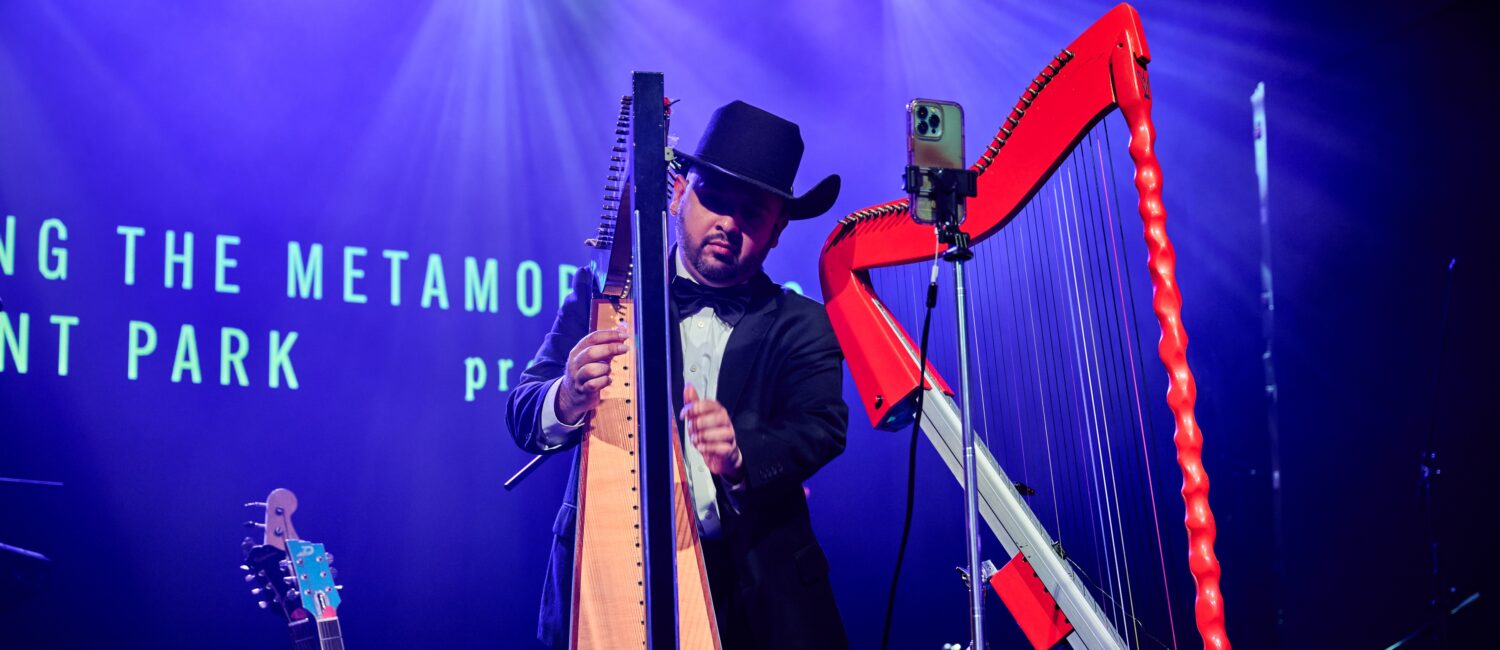 Harpist Alex Martinez entertained on two harps at the Discovery Green Gala. (Photo by Fulton Davenport)