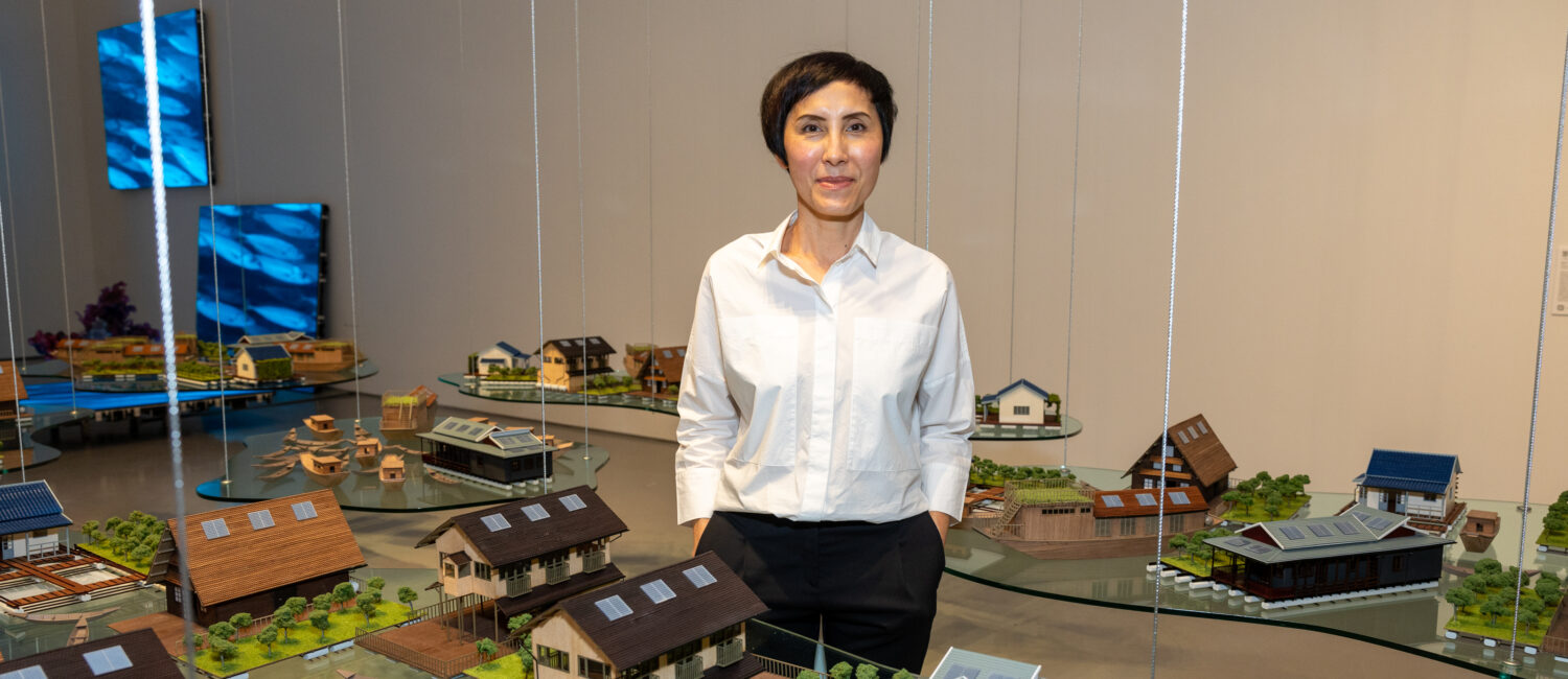 Honoree Tiffany Chung shows off her work at A Dinner for the Moody at Rice University’s Moody Center for the Arts. (Photo by Jenny Antill Clifton)