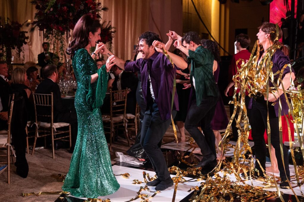 Phoebe Tudor joins ballet dancers after surprise performance at the 2025 Houston Ballet Ball at the Wortham Theater Center. (Photo by Melissa Taylor) 