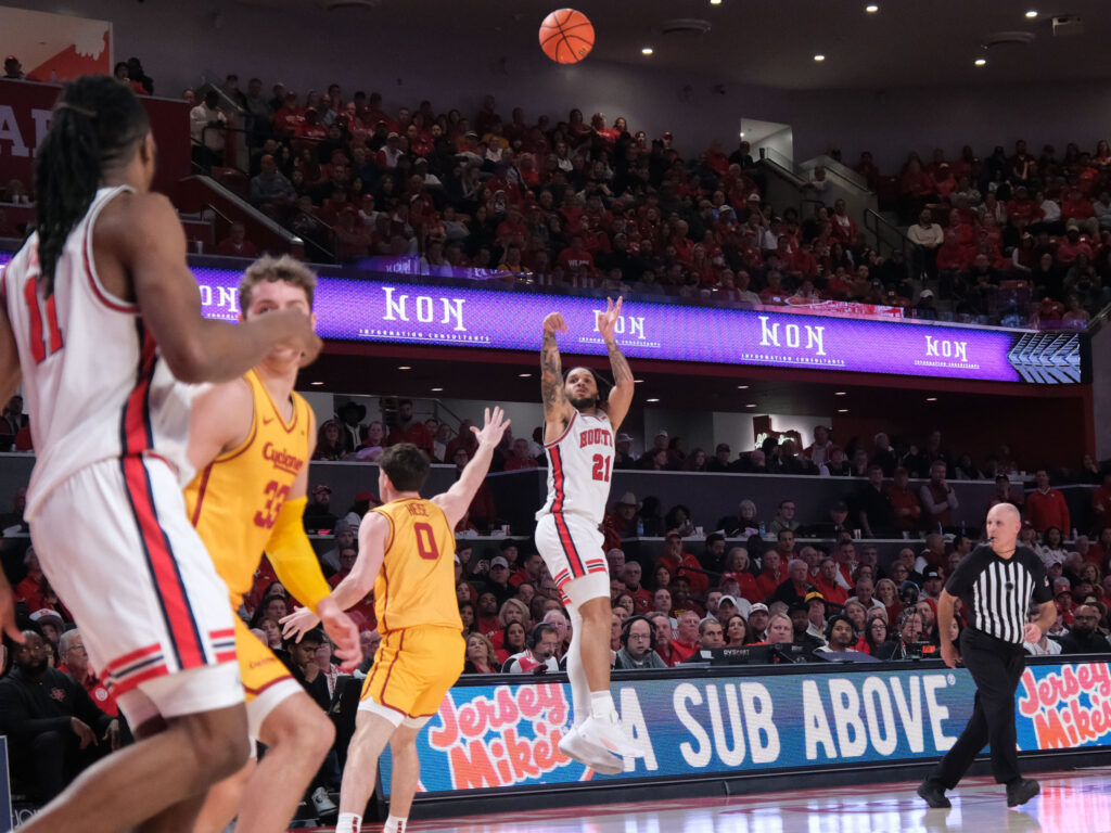 No one hits deeper than deep threes better than University of Houston guard Emanuel Sharp. (Photo by F. Carter Smith)