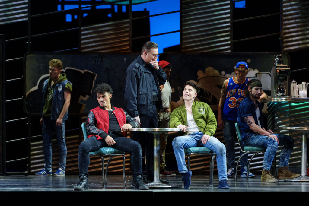 Yurel Echezarreta as Bernardo and Kyle Coffman as Riff at the final dress rehearsal of West Side Story presented by the Houston Grand Opera. (Photo by Michael Bishop)