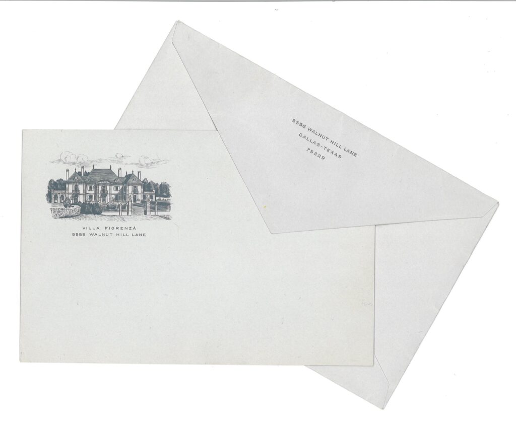 A PaperCity exclusive showcasing archival stationery from 5619 Walnut Hill Lane, which was also known as Villa Fiorenza (and sometimes Villa Fiorenzia with the additional vowel). (Photo by Briggs Freeman Sotheby's International Realty)