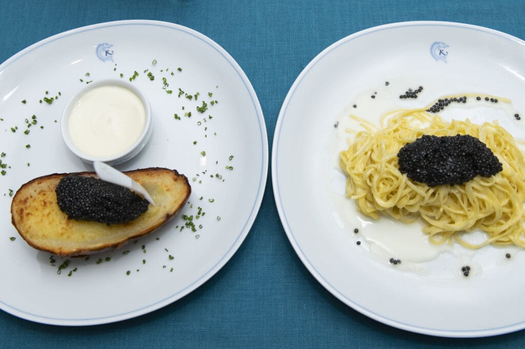 The caviar-centric menu sung at every course. Highlights included a Kamchatka king crab and rock shrimp salad, Norwegian smoked salmon and blinis, tagliolini topped with caviar, and, of course, THE baked potato. (Photo by Tamytha Cameron )