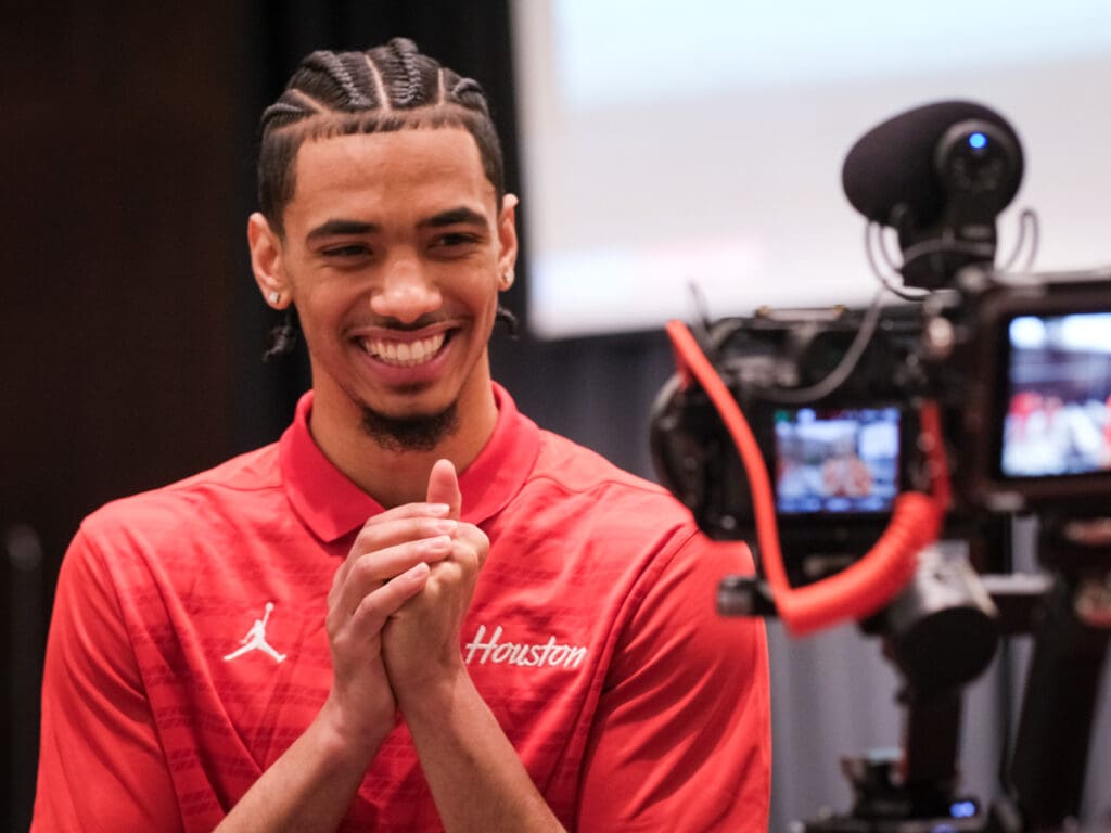 Milos Uzan turned into one of the best point guards in America for Kelvin Sampson's No. 1 seed University of Houston team.  (Photo by F. Carter Smith)