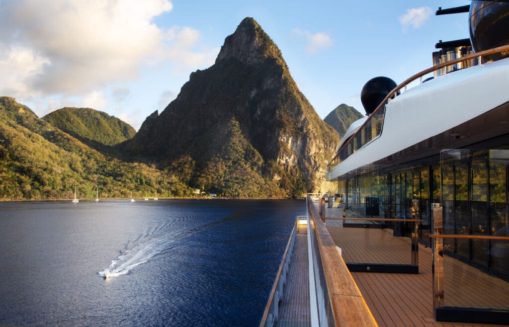 Walking the decks of the Ritz-Carlton yacht Evrima, pictured here at St. Lucia, was our preferred form of exercise. (Courtesy Photo)