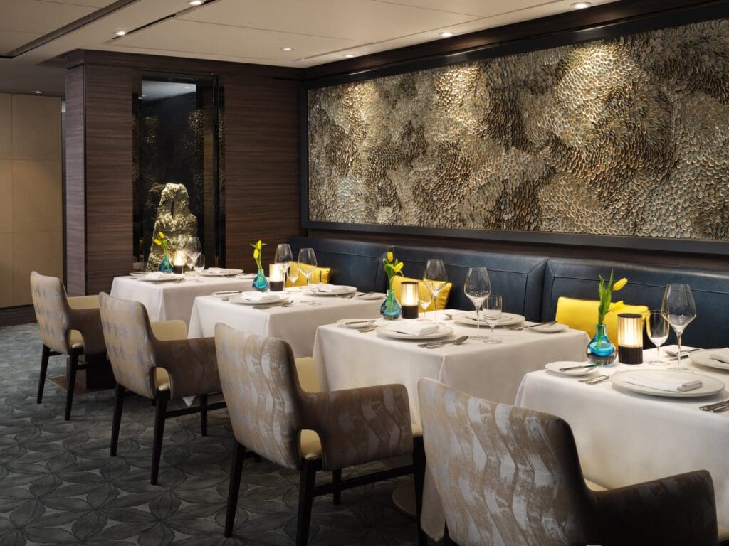 Michelin dining is offered aboard the Ritz-Carlton yacht Evrima in the intimate S.E.A. restaurant. (Photo by Jack Hardy) 