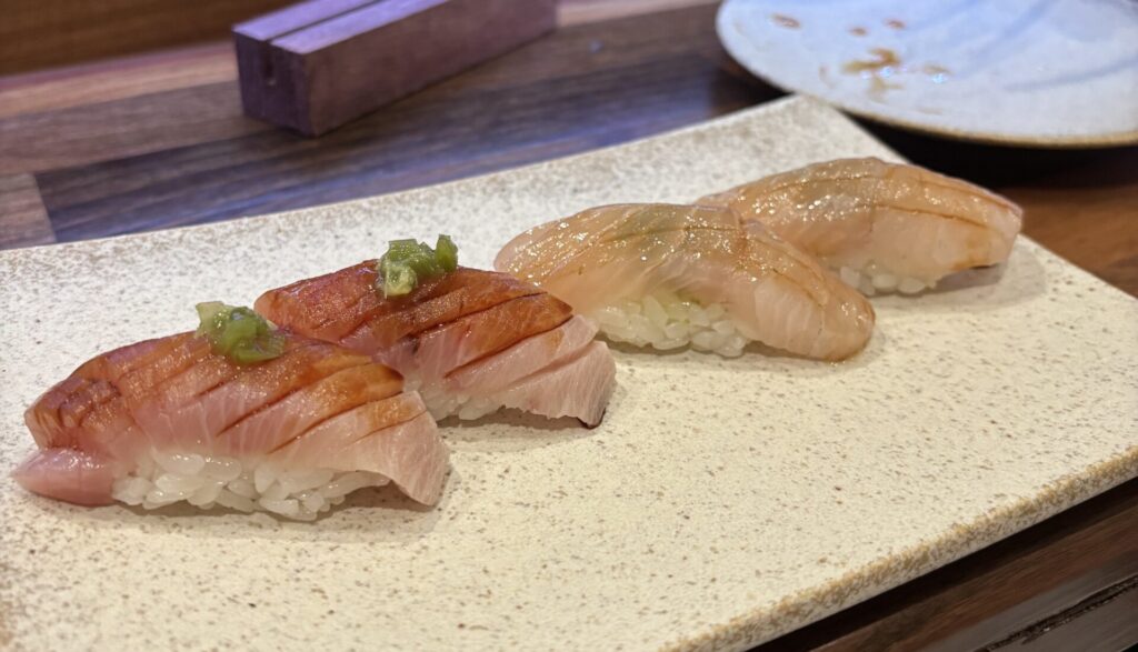Kanpachi and hamachi nigiri at Kokoro on the Waterway in The Woodlands. (Photo by Laura Landsbaum)