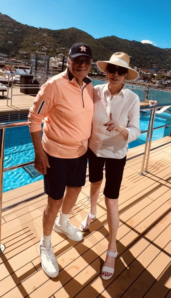 Writer Shelby Hodge & Shafik Rifaat  aboard the Ritz-Carlton yacht Evrima during a Caribbean cruise.