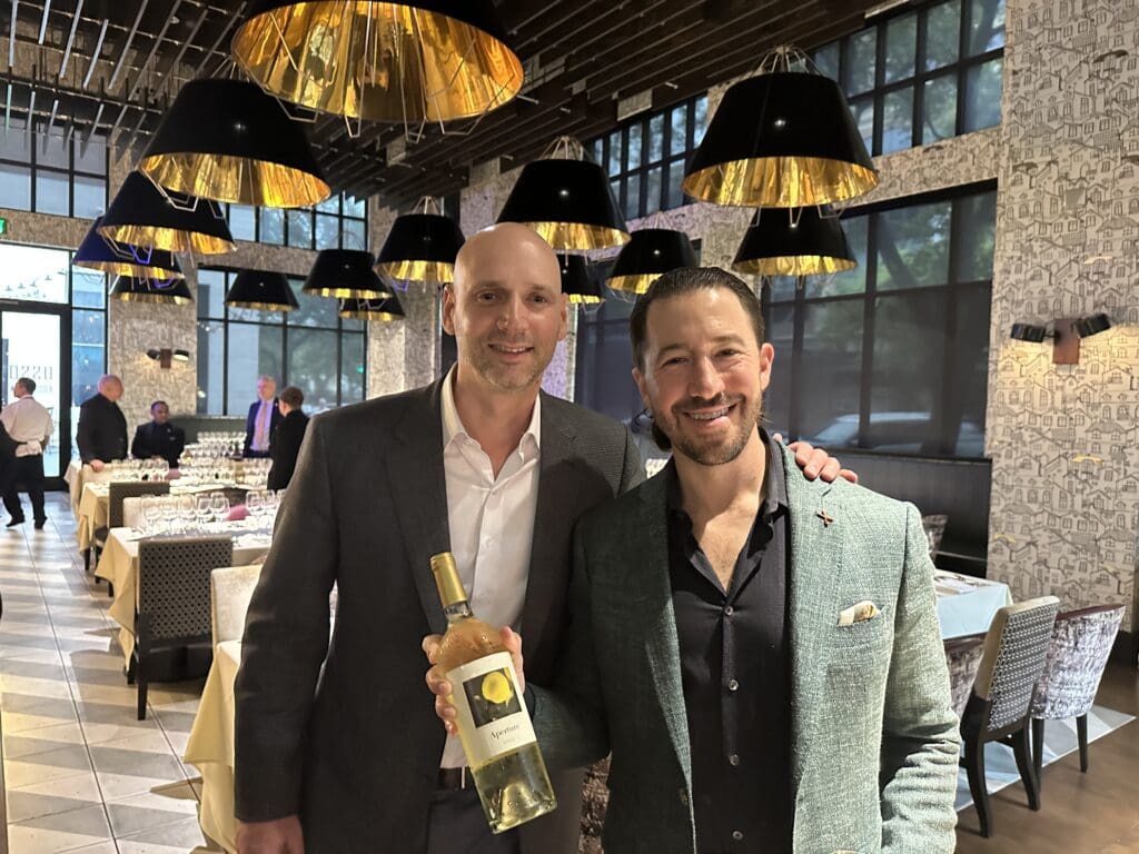 College rommies Jared Crane, winemaker Jesse Katz at the Aperture Cellars Wine Dinner hosted by the Jim Crane family at Osso & Kristalla. (Photo by Shelby Hodge)