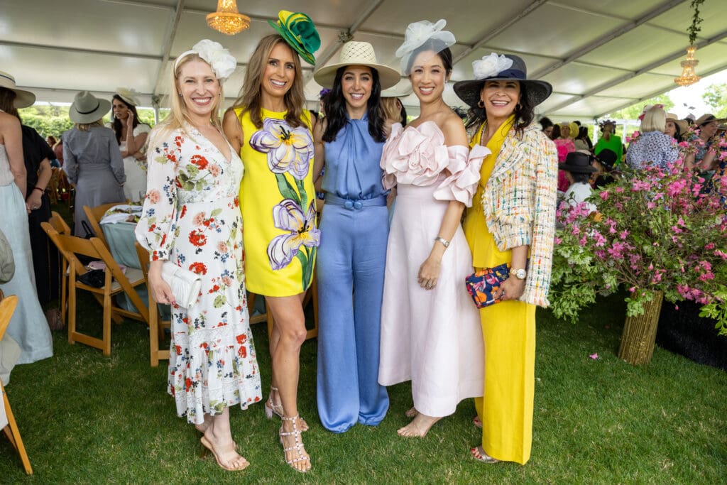 Isabel David, Brooke Bentley Gunst, Holly Radom, Carolyn Sabat, Kristy Bradshaw at the 'Hats in the Park' luncheon benefiting Hermann Park Conservancy. (Photo by Jenny Antill)