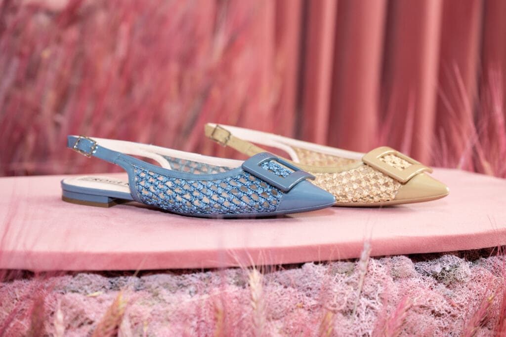 Le Metier Vivier shoes in blue and tan raffia (Photo by Wilson Parish)