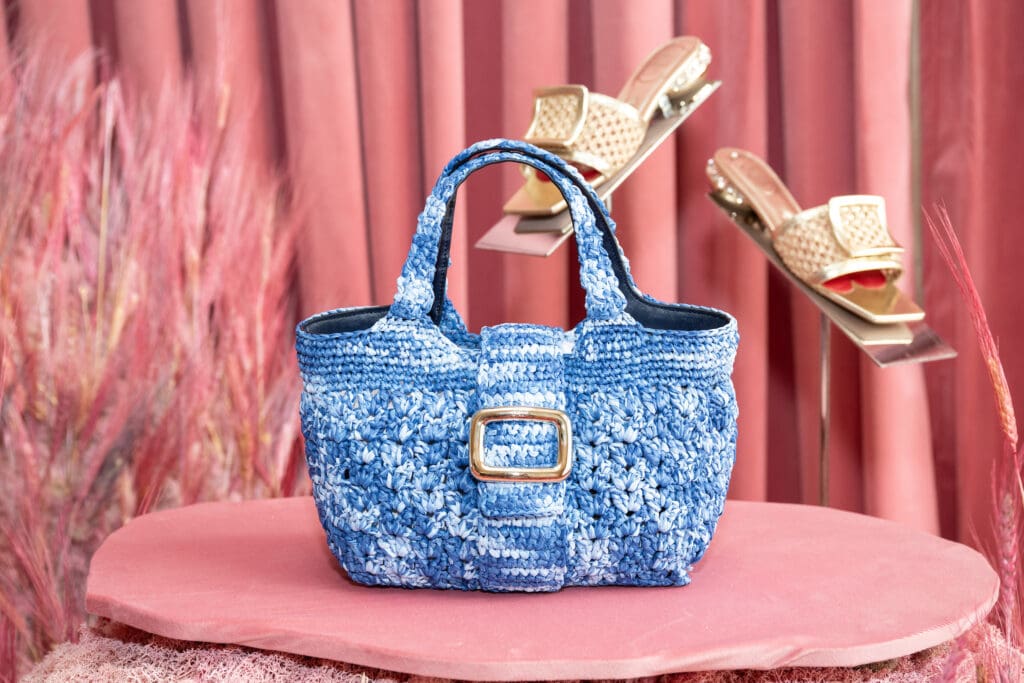 Handbag and raffia sandal mules from Le Métier Vivier, exclusive to Neiman Marcus (Photo by Wilson Parish)