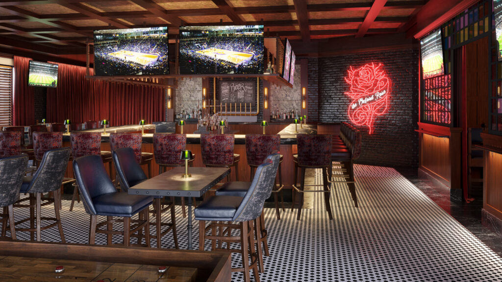 The Tavern at Oxford Rose will feature drop-down TV screens for live events, a custom bar shuffleboard table, a green wall, and a U-shaped bar.